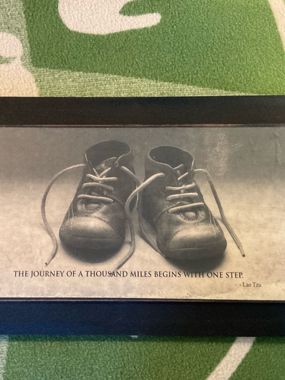 Vintage framed Lao Tzu Quote: “ The journey of 1000 miles”- Baby Shoes